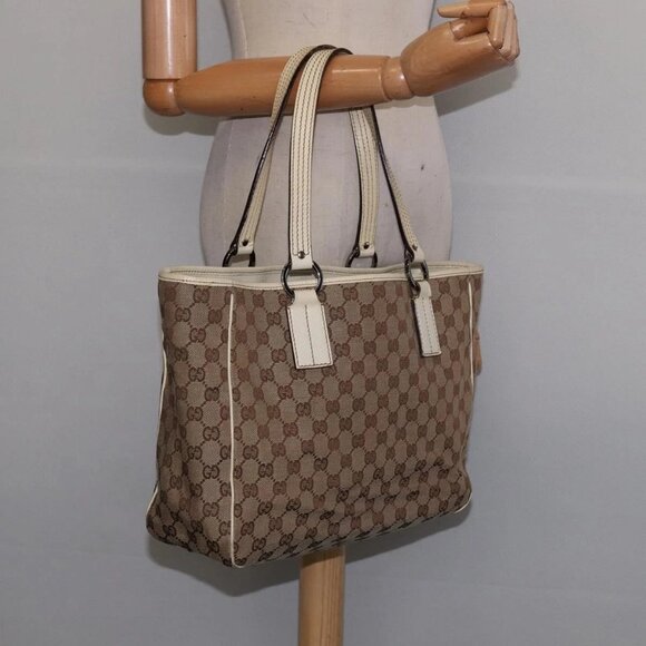 GUCCI GG Canvas Tote Bag Beige Silver 113017 Auth - Picture 1 of 14